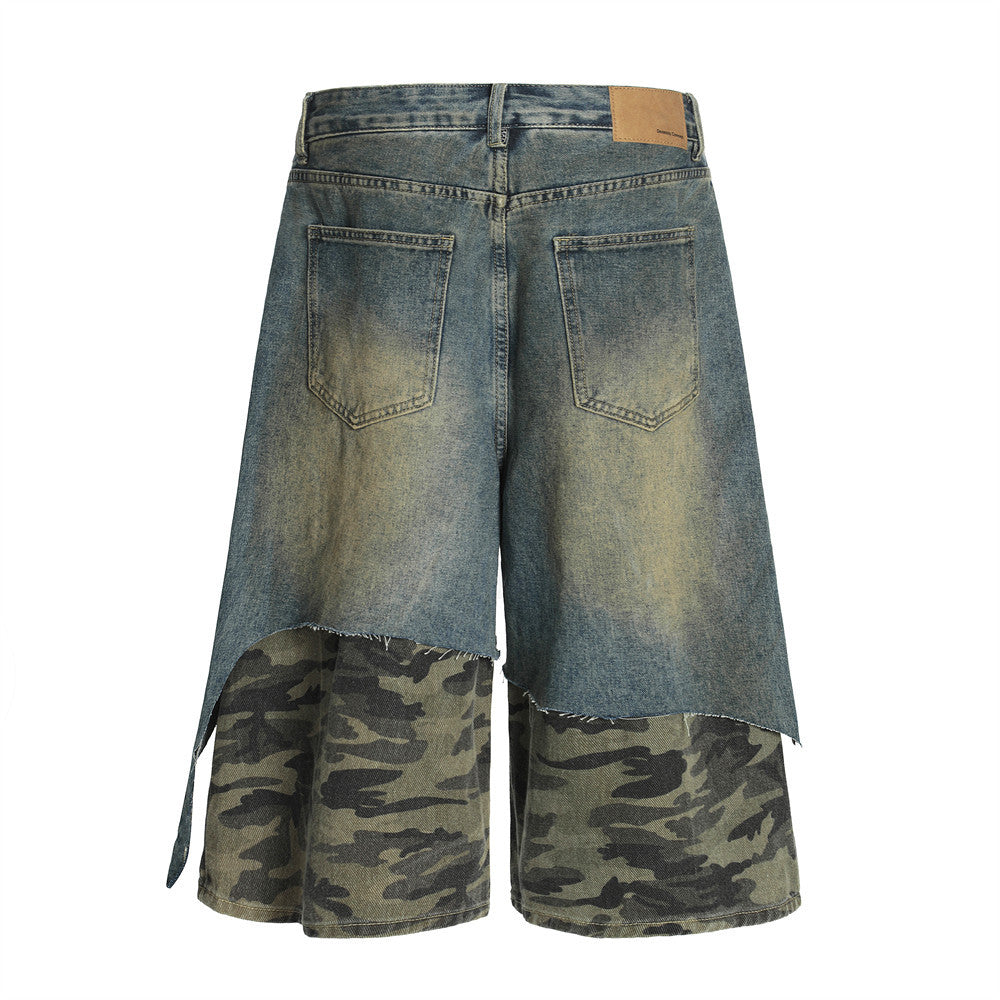 Post-Apocalyptic Style Distressed Patchwork Camouflage Seven-Quarter Denim Pants Men's Summer Fake Two-Piece Washed Frayed Hem Shorts - V.I.P Digital Presence