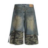 Post-Apocalyptic Style Distressed Patchwork Camouflage Seven-Quarter Denim Pants Men's Summer Fake Two-Piece Washed Frayed Hem Shorts - V.I.P Digital Presence