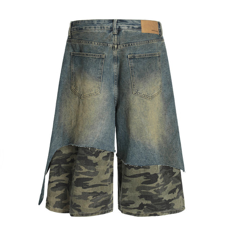 Post-Apocalyptic Style Distressed Patchwork Camouflage Seven-Quarter Denim Pants Men's Summer Fake Two-Piece Washed Frayed Hem Shorts - V.I.P Digital Presence