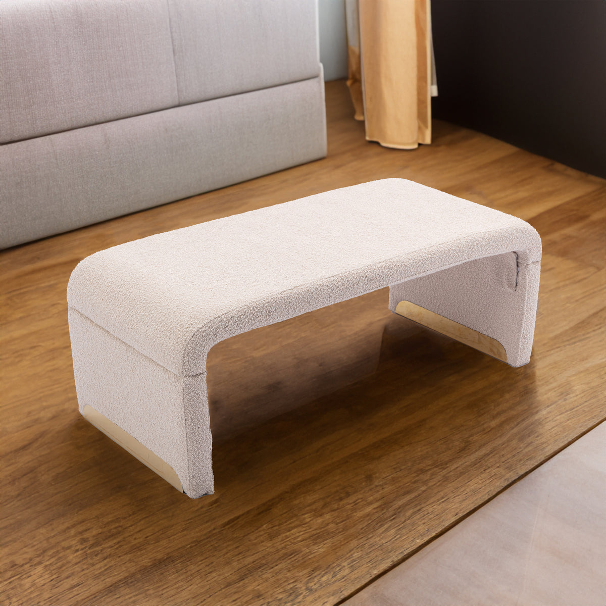 New Boucle Fabric Loveseat Ottoman Footstool Bedroom Bench Shoe Bench With Gold Metal Legs Beige