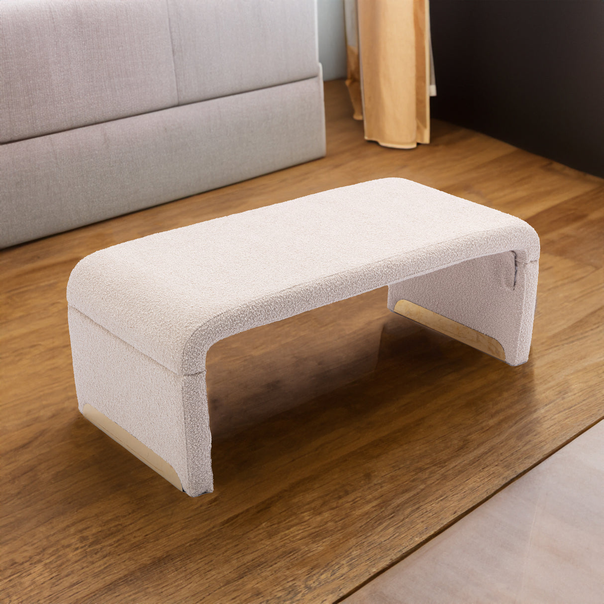 New Boucle Fabric Loveseat Ottoman Footstool Bedroom Bench Shoe Bench With Gold Metal Legs Beige