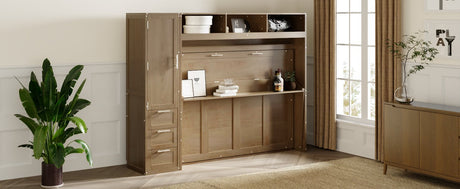 Full Size Murphy Bed with Wardrobe, Drawers and Open Shelves, Antique Grey - V.I.P Digital Presence