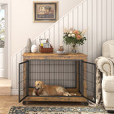 Furniture Dog Cage Crate with Double Doors, Rustic Brown, 38.58'' W x 25.2'' D x 27.17'' H - V.I.P Digital Presence