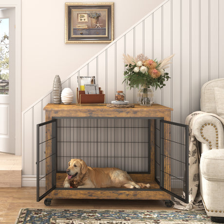 Furniture Dog Cage Crate with Double Doors, Rustic Brown, 38.58'' W x 25.2'' D x 27.17'' H - V.I.P Digital Presence