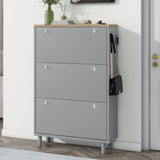ON-TRANS narrow design shoe cabinet with 3 flip drawers and 3 independent shoe racks with 3 hooks, gray - V.I.P Digital Presence