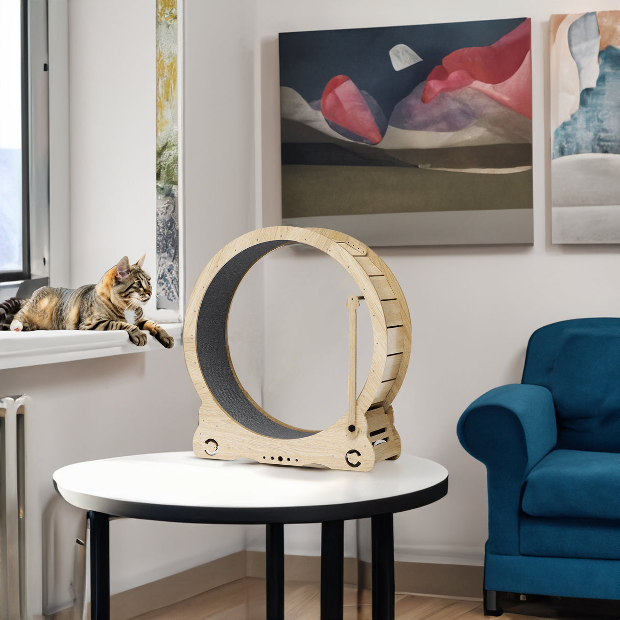 Indoor cat treadmill with carpet, tear device and latch natural wood, 39.4 inches long x 13.2 inches wide x 41.3 inches high - V.I.P Digital Presence