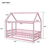 Twin Size Floor Wooden Bed with House Roof Frame, Fence Guardrails,Pink - V.I.P Digital Presence