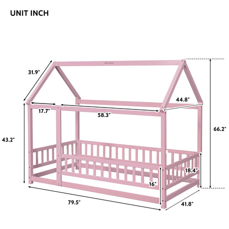 Twin Size Floor Wooden Bed with House Roof Frame, Fence Guardrails,Pink - V.I.P Digital Presence