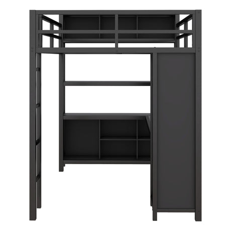 Metal loft bed with wardrobe and L-shaped desk, full-size loft bed with storage cabinet and shelf, heavy-duty loft bed, black - V.I.P Digital Presence