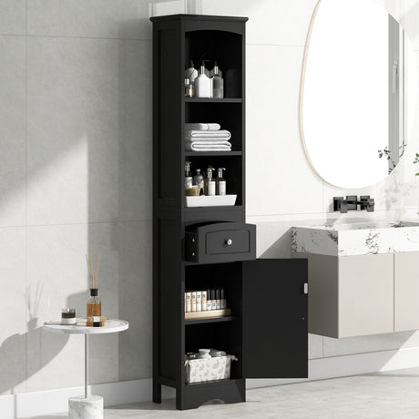 Tall Bathroom Cabinet, Freestanding Storage Cabinet with Drawer, MDF Board, Adjustable Shelf, Black - V.I.P Digital Presence