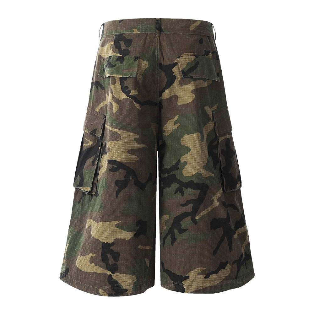 Loose Wide-Leg Camouflage Three-Quarter Pants Men's Summer Work Shorts Pleated Design with Large Pockets - V.I.P Digital Presence