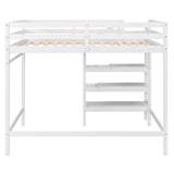 Full Size Loft Bed with Built-in Storage Staircase and Hanger for Clothes  White