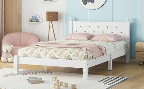 Twin Bed with Button-Decoration Headboard, with Bed Slats,White - V.I.P Digital Presence