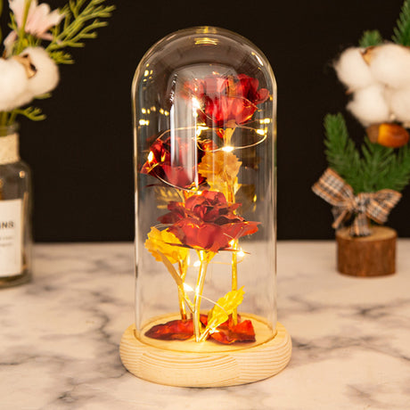 Valentine's Mother's Day Gift: Three Glass Cover Gold Foil Roses Ornament, Eternal Flower LED Night Light - V.I.P Digital Presence