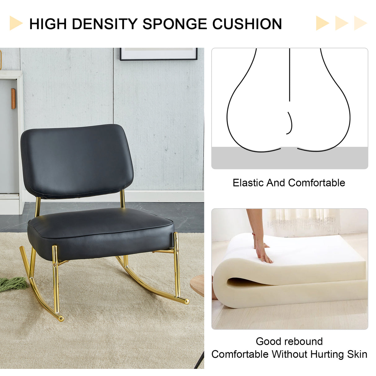 PU material cushioned rocking chair unique rocking chair cushioned seat black backrest rocking chair and gold metal legs