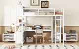 Metal loft bed with wardrobe and L-shaped desk, full-size loft bed with storage cabinet and shelf, white - V.I.P Digital Presence