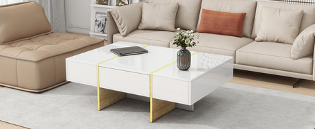 ON-TRANS 47.2 inch x 31.4 inch multifunctional rectangular sofa table with 2 drawers and gold wood grain leg center table, white - V.I.P Digital Presence