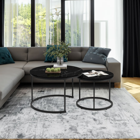 A set of nested coffee tables, 27.6-inch round coffee table, wooden marble patterned tabletop, sturdy metal frame (black) - V.I.P Digital Presence