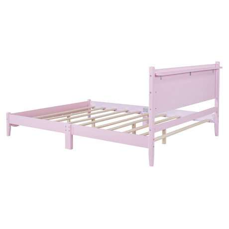 Queen Size Wood Platform Bed Frame, Retro Style Bed with Rectangular Headboard,No Need Box Spring,Pink - V.I.P Digital Presence