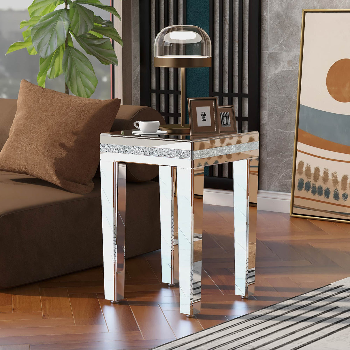 ON-TRANS glass mirror edge table, easy to assemble crystal design and adjustable height leg edge table, silver - V.I.P Digital Presence