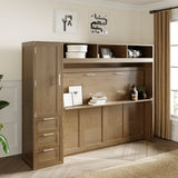 Full Size Murphy Bed with Wardrobe, Drawers and Open Shelves, Antique Grey - V.I.P Digital Presence