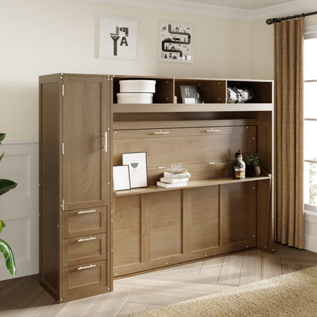 Full Size Murphy Bed with Wardrobe, Drawers and Open Shelves, Antique Grey - V.I.P Digital Presence