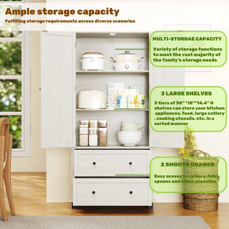 70 inch high kitchen pantry storage cabinet with 2 drawers and 3 shelves, large storage cabinet (antique white) - V.I.P Digital Presence