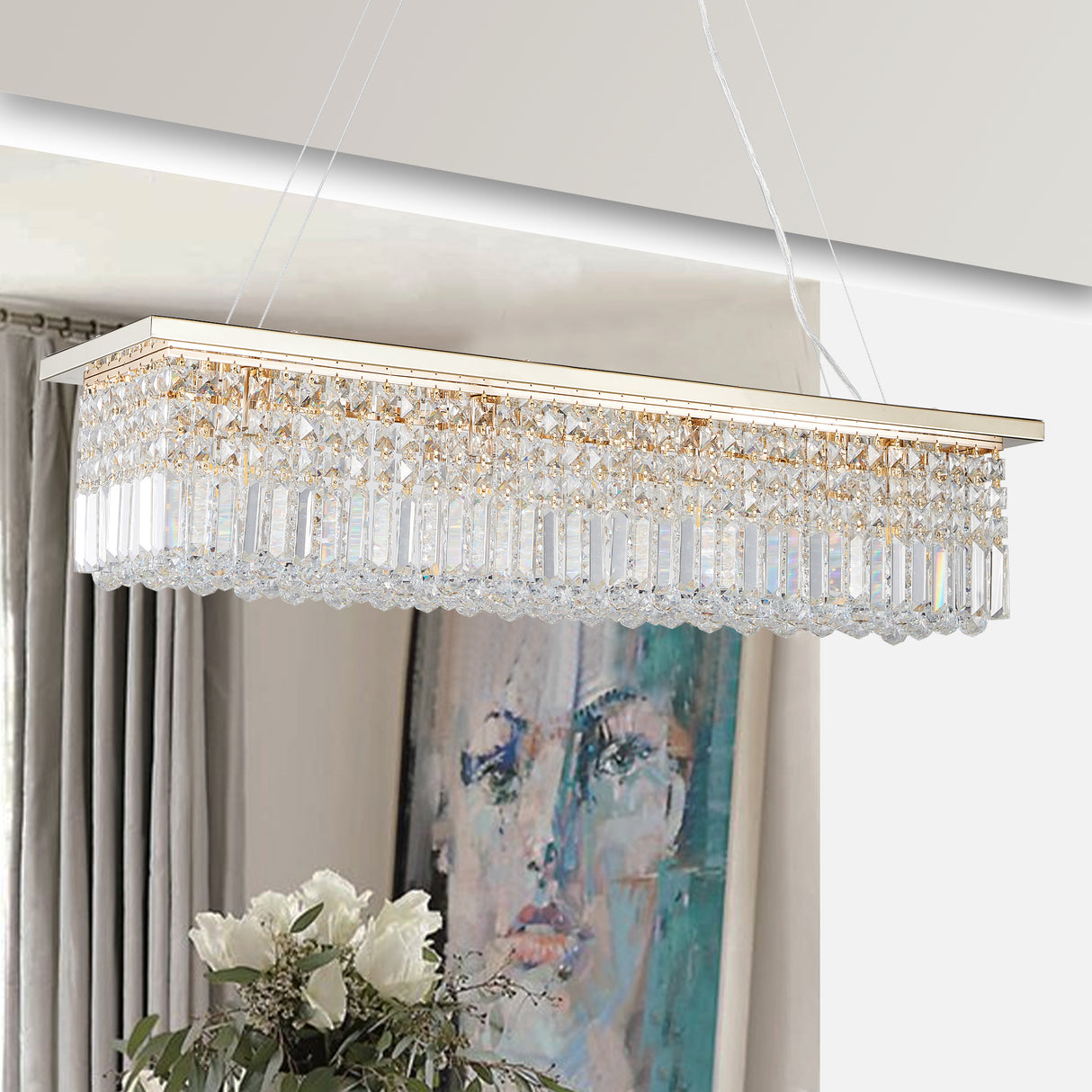 Modern Crystal Chandelier for Dining Room 8-Light Gold Rectangle Raindrop Chandelier L39.4'' x W9.8'' x H8.7'(Bulb Not Included) - V.I.P Digital Presence