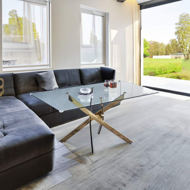 Modern Glass Table for Dining Room/Kitchen, 0.39" Thick Tempered Glass Top, Chrome Stainless Steel Base - V.I.P Digital Presence