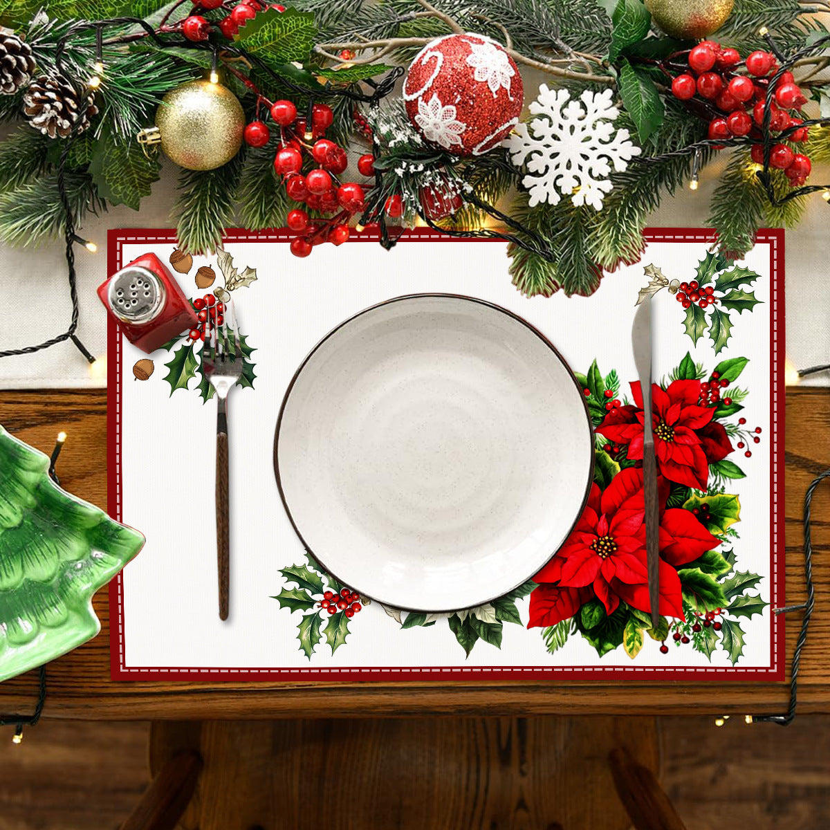 Christmas Red Flower Meal Mat Flower Pinecone Printed Table Mat Holiday Table Insulation Mat - V.I.P Digital Presence