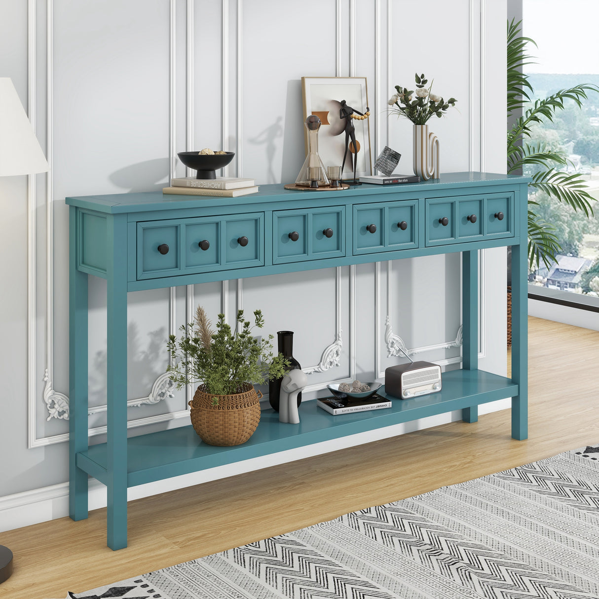TREXM Rural Entrance Console Table 60 "Long Sofa Table with Two Different Size Drawers and Bottom Shelves for Storage (Turquoise