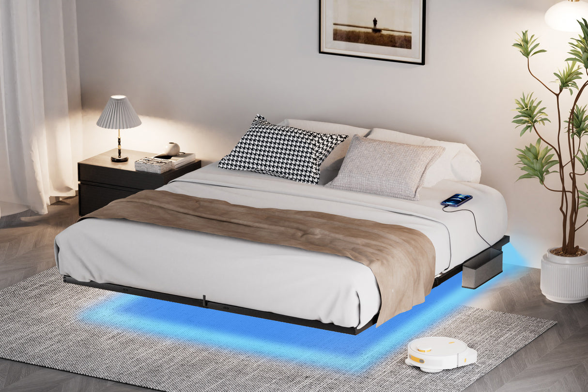 Floating Bed Frame King Size with LED Lights ＆ charging station, Metal Platform Queen Bed, 79.9'' L x 76.2'' W x 7.9'' H. - V.I.P Digital Presence