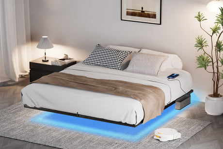 Floating Bed Frame King Size with LED Lights ＆ charging station, Metal Platform Queen Bed, 79.9'' L x 76.2'' W x 7.9'' H. - V.I.P Digital Presence