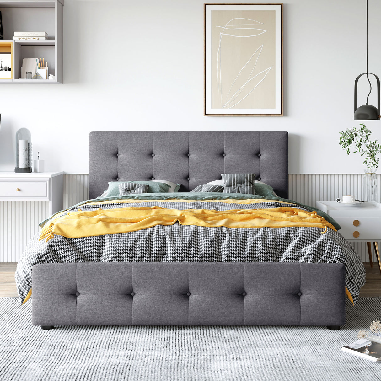 Upholstered Platform Bed with Classic Headboard and 4 Drawers No Box Spring Needed Linen Fabric Queen Size Dark gray - V.I.P Digital Presence