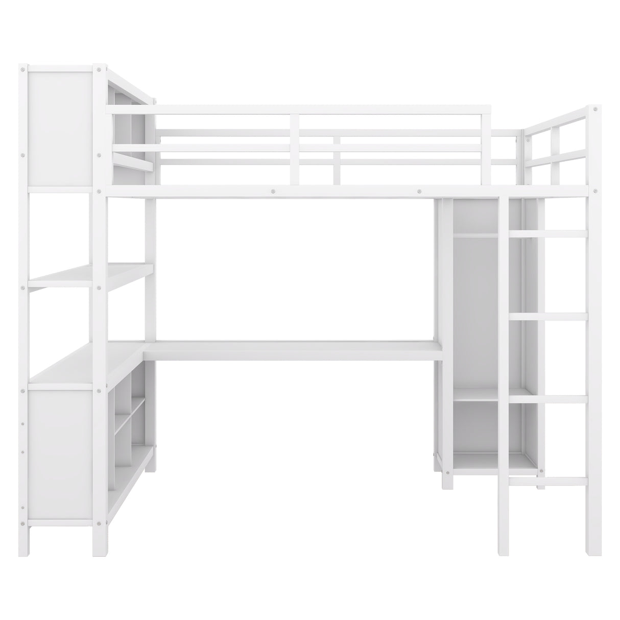 Metal loft bed with wardrobe and L-shaped desk, full-size loft bed with storage cabinet and shelf, white - V.I.P Digital Presence
