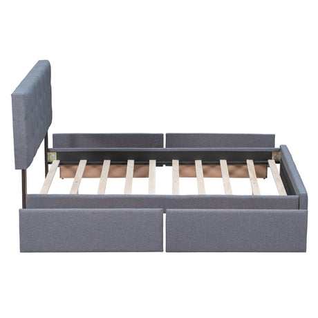 Upholstered Platform Bed with Classic Headboard and 4 Drawers No Box Spring Needed Linen Fabric Queen Size Dark gray - V.I.P Digital Presence