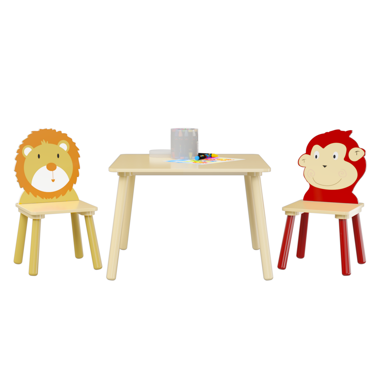 Kids Table and 2 Chairs Set 3 Pieces Toddler Table and Chair Set Wooden Activity Play Table Set (Lion&Monkey) - V.I.P Digital Presence
