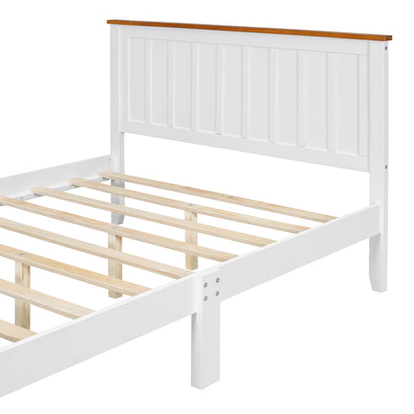 Full Size Wood Platform Bed Wooden Slat Support, Vintage Simple Bed Frame with Rectangular Headboard and Footboard, White - V.I.P Digital Presence