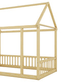 Twin Size Floor Wooden Bed with House Roof Frame and Safety Guardrails,Natural - V.I.P Digital Presence