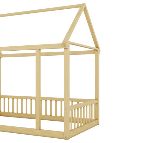 Twin Size Floor Wooden Bed with House Roof Frame and Safety Guardrails,Natural - V.I.P Digital Presence
