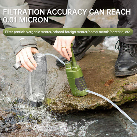 A portable outdoor water filter pump with a 0.01-micron, 3-stage filtration system, suitable for hiking and camping. - V.I.P Digital Presence