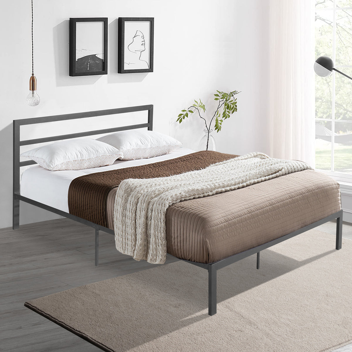 Queen Size Metal Bed Frame with Headboard Charcoal Grey - V.I.P Digital Presence