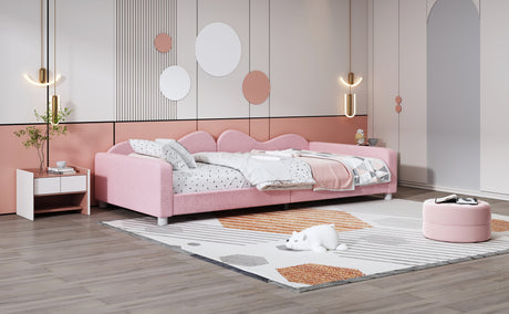 Twin size Upholstered Daybed, Sherpa Fabric Sofabed with Cloud-Shaped Backrest, No Box-spring Needed, Pink - V.I.P Digital Presence