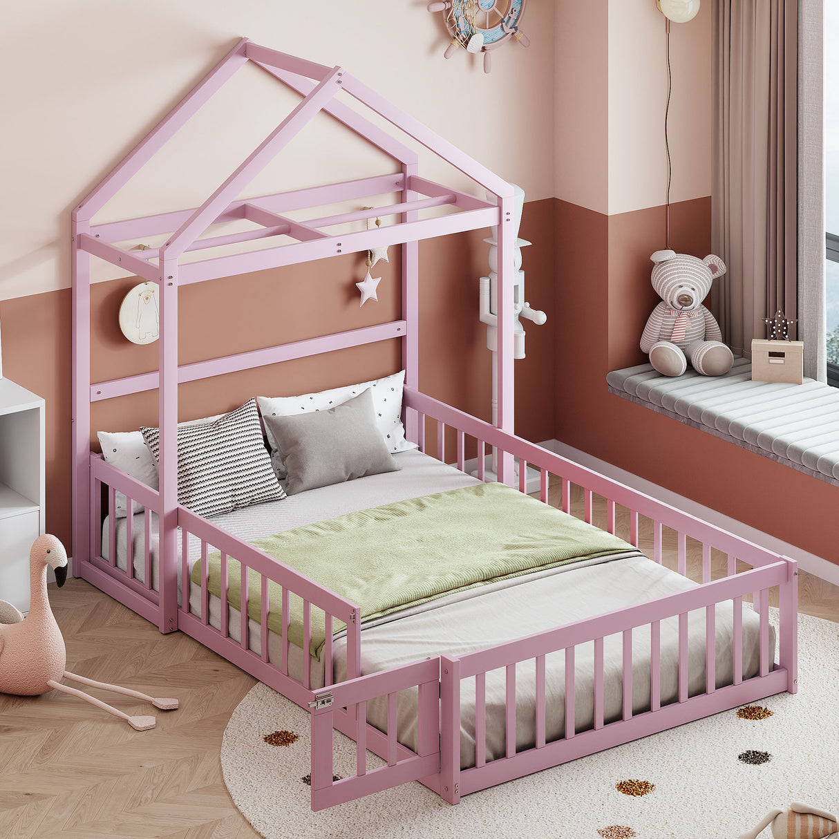 Wooden Full Size Children's Bed with Detachable Headboard and Integrated Clothes Drying Rack, Pink - V.I.P Digital Presence