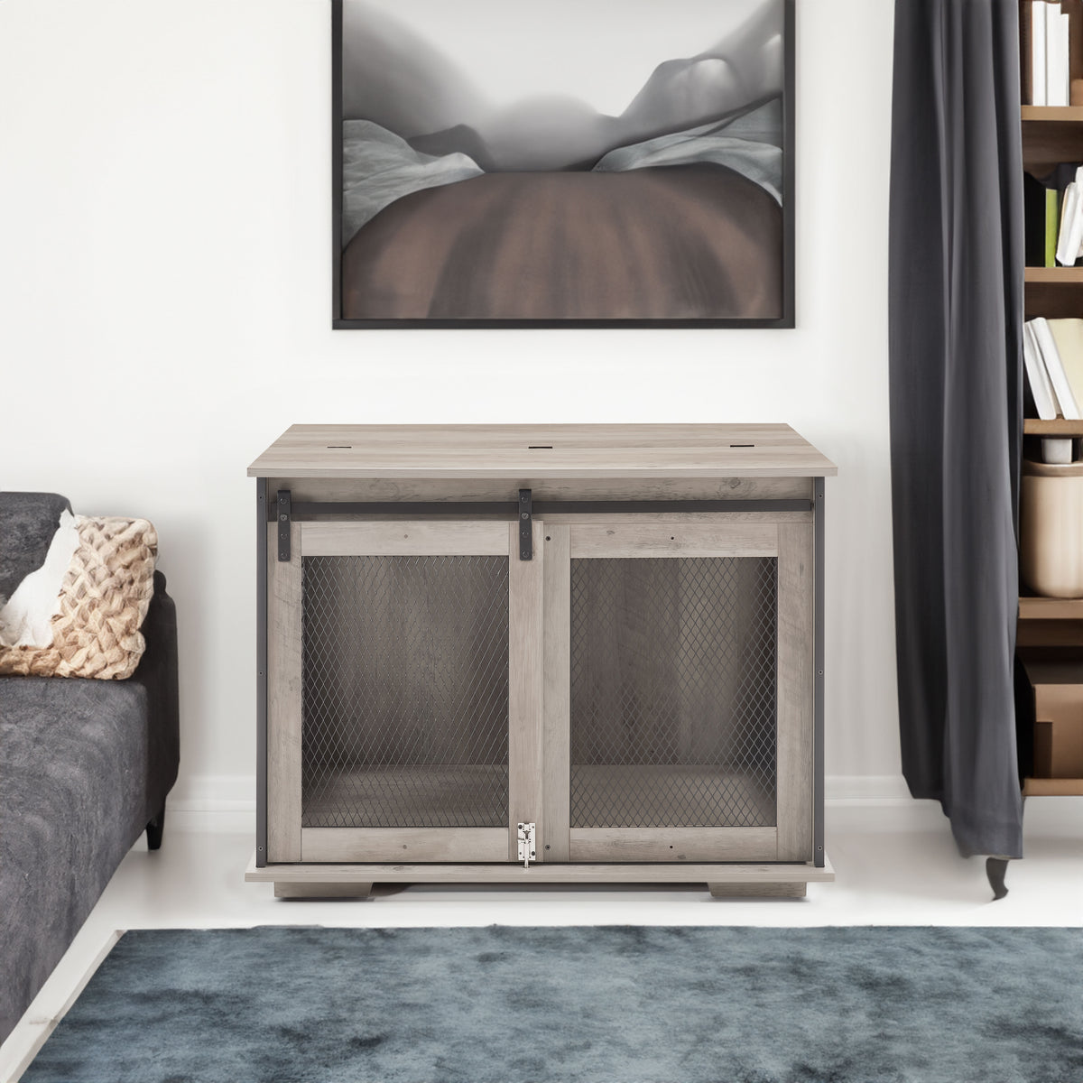 Farmhouse Dog Cage Crate Furniture with Sliding Barn Door, Farmhouse Wooden Dog Kennel End Table with Flip-top Plate Dog House - V.I.P Digital Presence