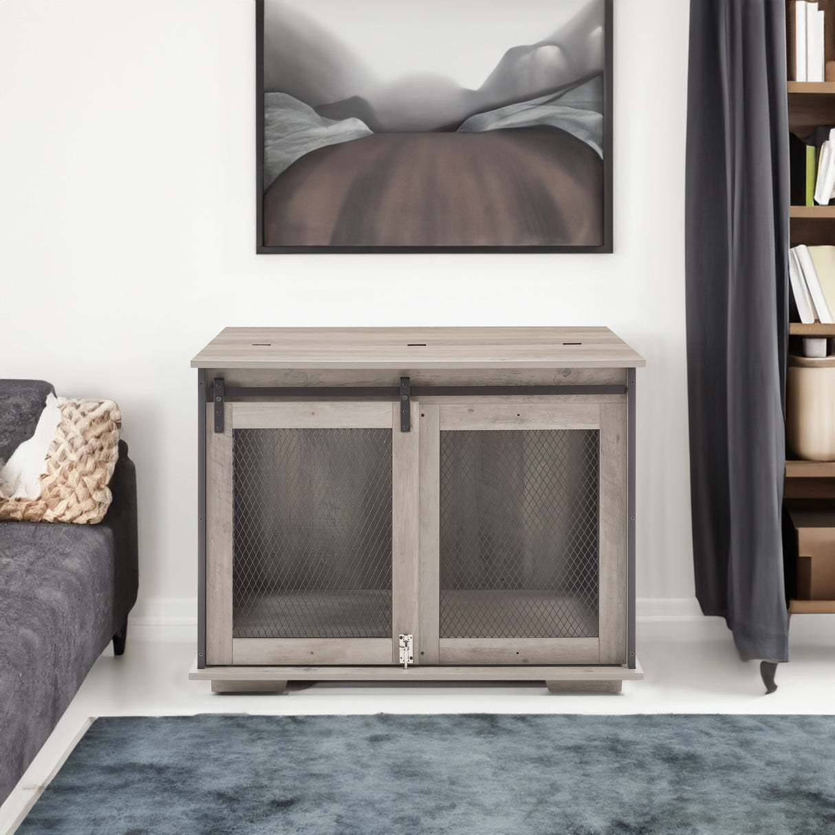 Farmhouse Dog Cage Crate Furniture with Sliding Barn Door, Farmhouse Wooden Dog Kennel End Table with Flip-top Plate Dog House - V.I.P Digital Presence