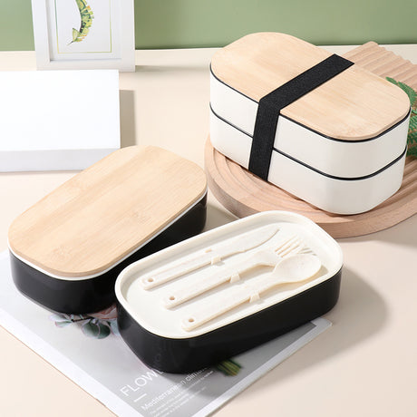 Japanese style simple bamboo lid double-layer sealed portable lunch box bento box with tableware - V.I.P Digital Presence