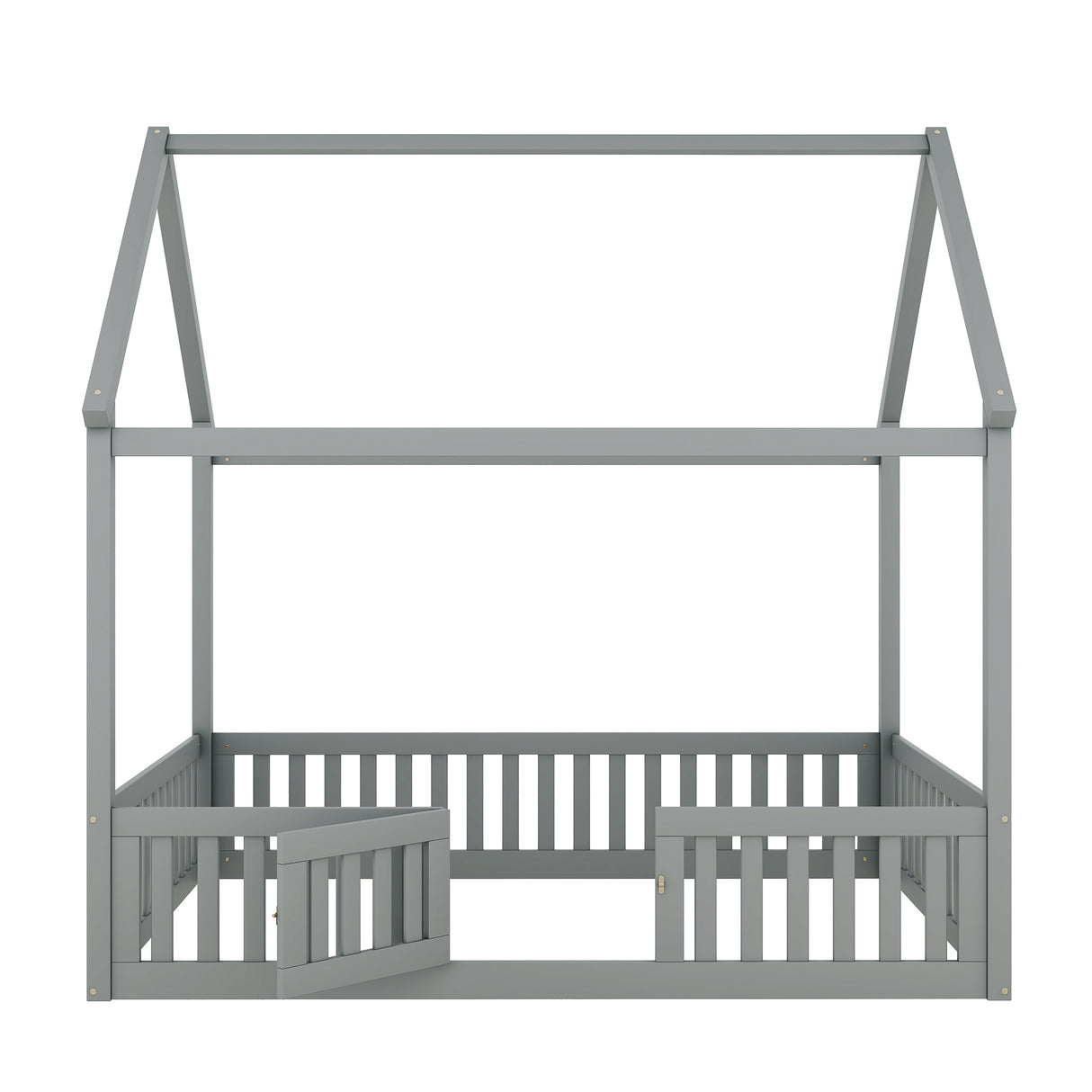 Full Size Wood House Bed with Fence and Door, Gray - V.I.P Digital Presence