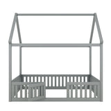 Full Size Wood House Bed with Fence and Door, Gray - V.I.P Digital Presence