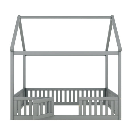 Full Size Wood House Bed with Fence and Door, Gray - V.I.P Digital Presence